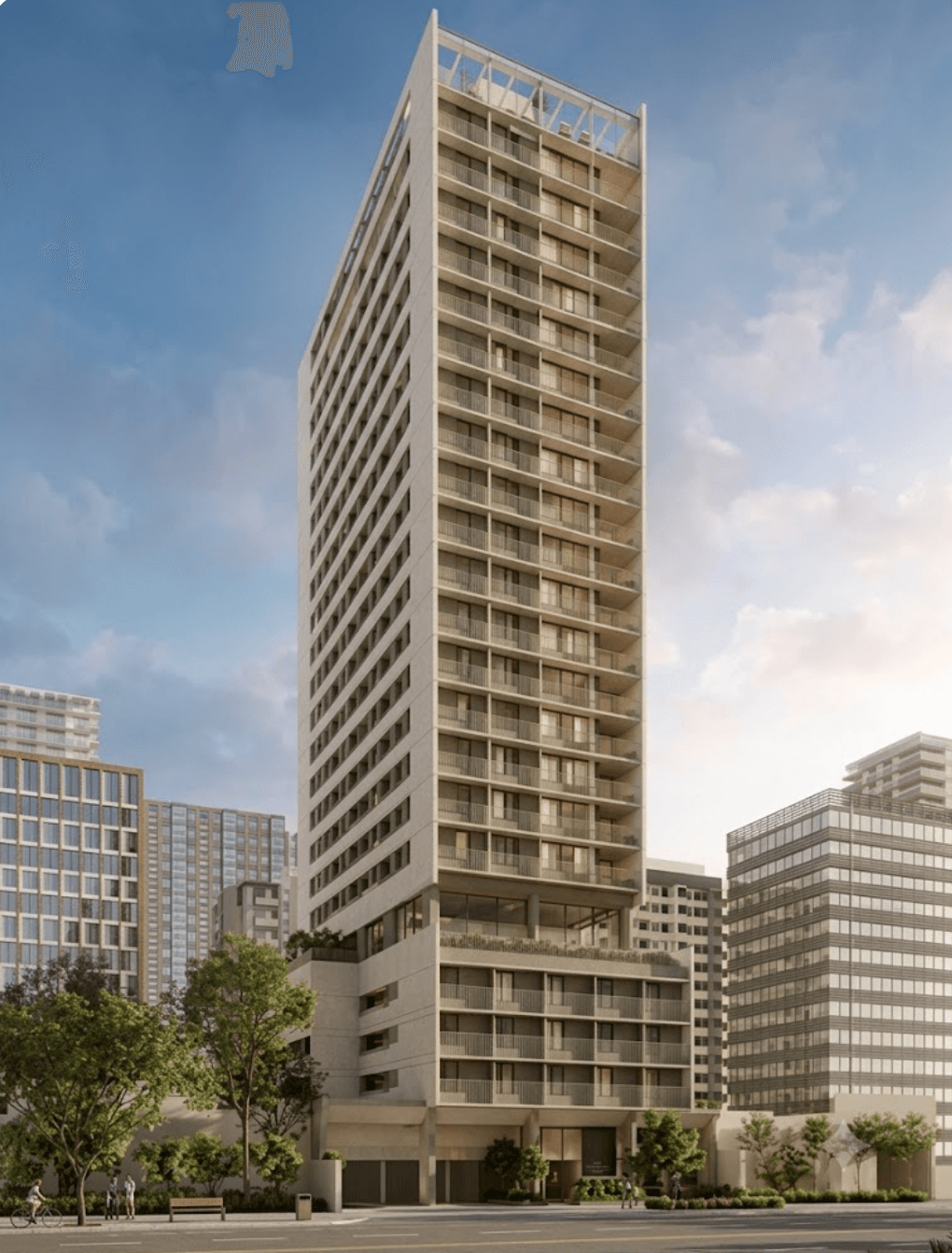 Fachada de edifício residencial alto com design moderno, varandas em todos os andares e térreo com paisagismo.